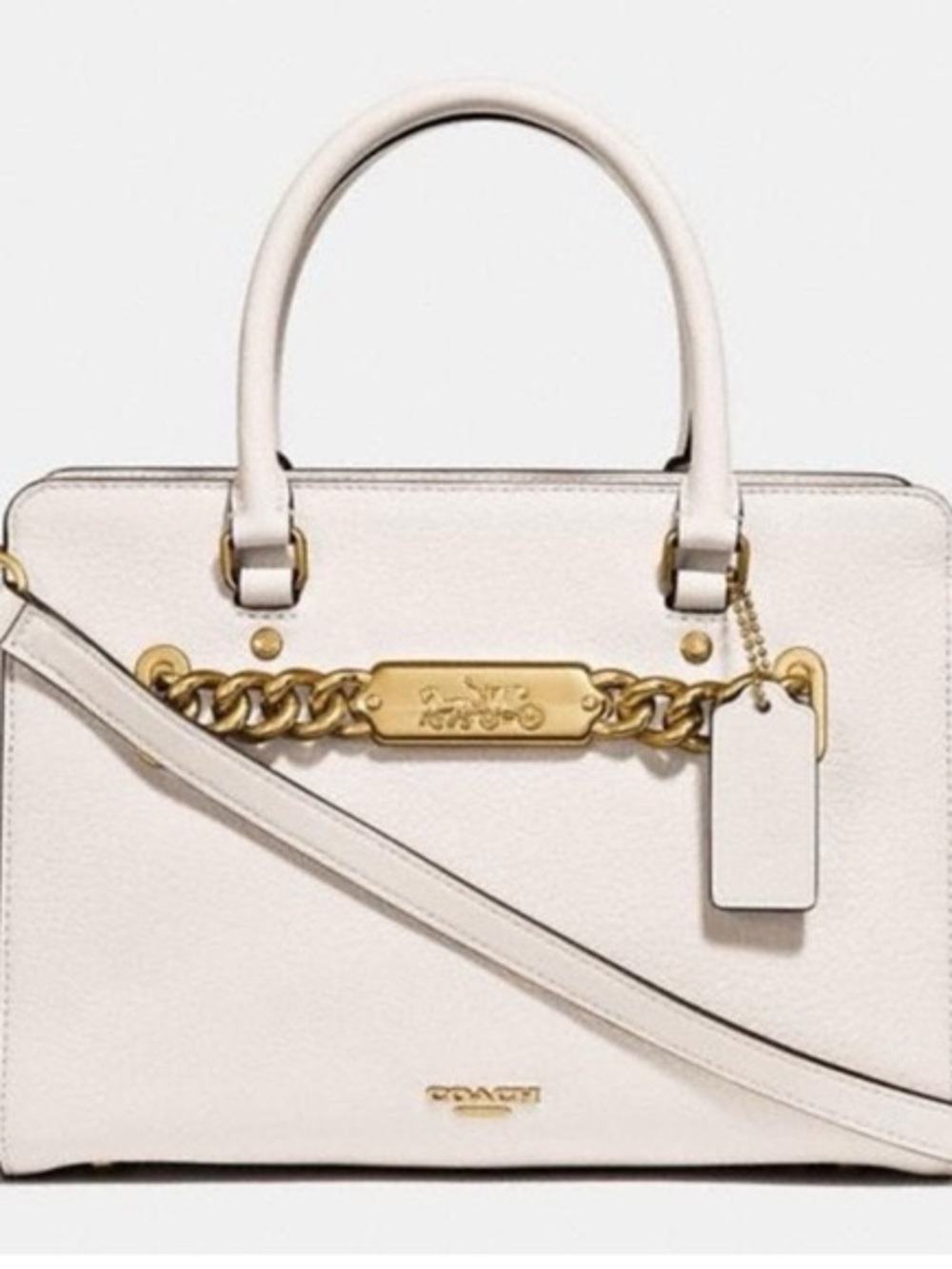 Coach Cream Leather Satchel with Gold Chain Accent